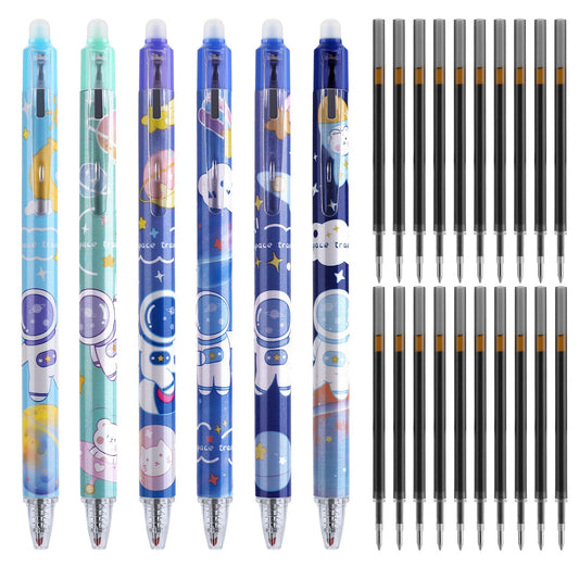 TIESOME 26 Pack Erasable Pens Set, 6 Black 0.5mm Black ink Smooth Writing Pens and 20 Rub out Pens Refills Gel Ink Ballpoint Pen for Office School Stationery Gift (Spaceman)
