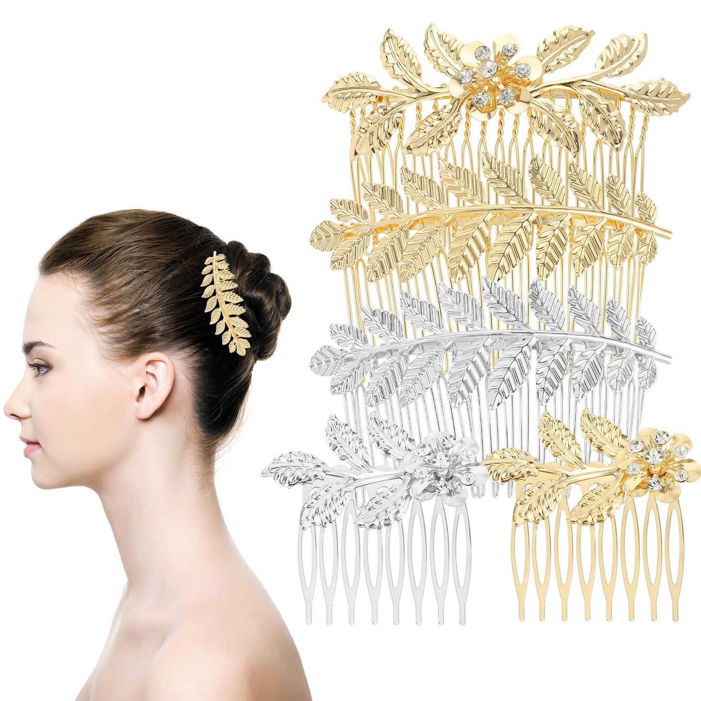 GEEHUA 5Pcs Metal Leaf Hair Side Combs, Gold Silver Rhinestone Hair Combs French Twist Flower Hair Clips with Teeth Fancy Side Comb Wedding Bridal Jewelry Hair Clip Hair Accessories for Women Girls