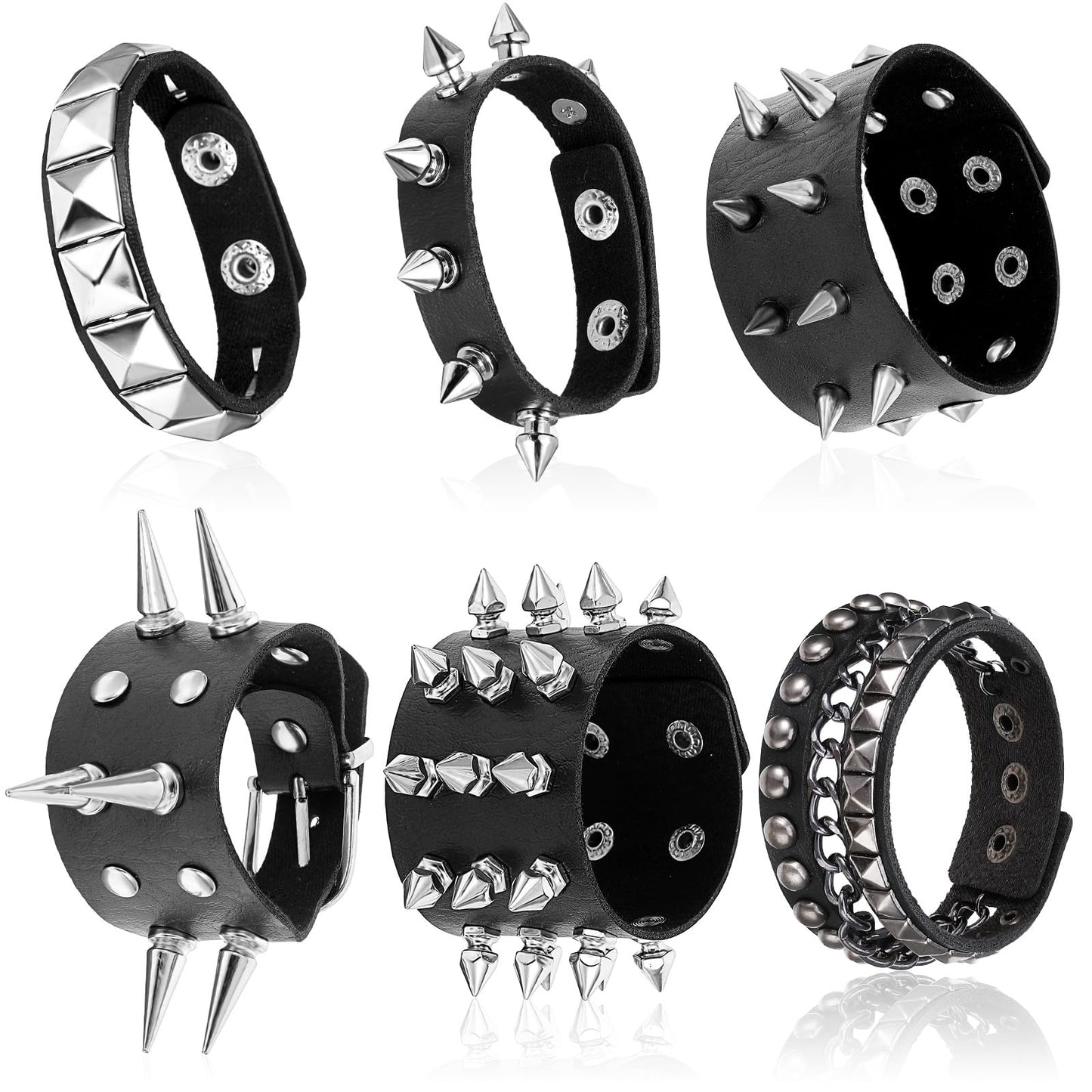 Molain 6 Pcs Spiked Studded Bracelet, Punk Rock Studded Bracelet Goth Bracelet, Black Leather Rivet Punk Bracelet Cuff Wrap Bangle Snap Button Metal Wristband for Men Women Halloween Accessories