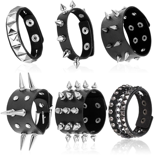 Molain 6 Pcs Spiked Studded Bracelet, Punk Rock Studded Bracelet Goth Bracelet, Black Leather Rivet Punk Bracelet Cuff Wrap Bangle Snap Button Metal Wristband for Men Women Halloween Accessories