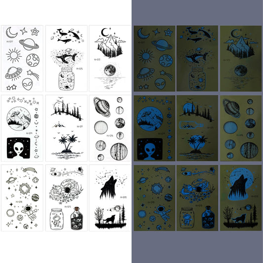 Jeffdad 9 Sheets Luminous Space Temporary Tattoos, Funny Planet Temporary Tattoos Glow Stickers Kids Temporary Tattoos for Party Supplies for Boys Children Outer Space Party Favors (Blue Luminous)