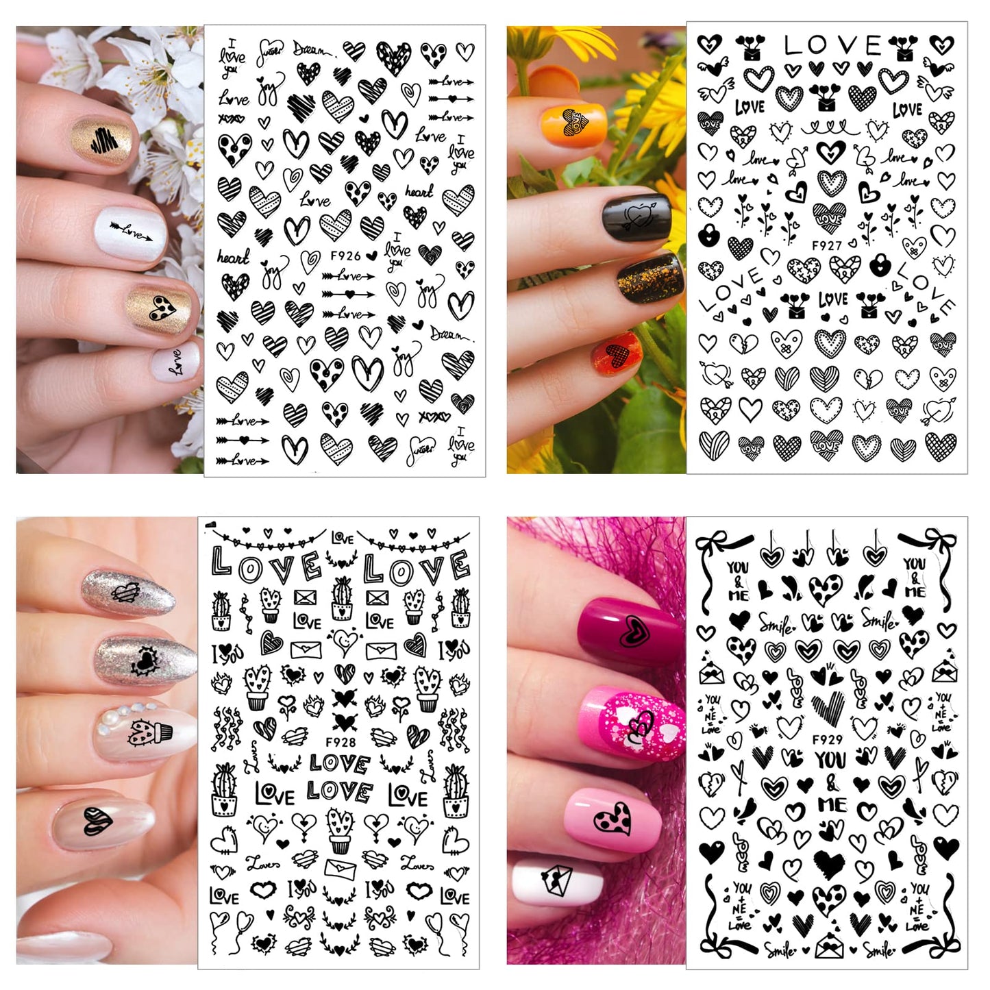 Cobee 12 Sheets Nail Art Decals Stickers, Self Adhesive Heart Shape Nail Stickers 3D Manicure Decoration DIY Nails Art Decal Supplies for Women Salon Home