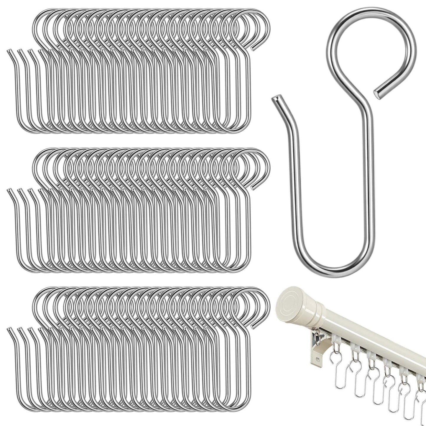 WJIAAA Pack of 60 Curtain Hooks for Rings, Heavy Duty Curtain Hooks Made of Stainless Steel, for Hanging on Rails, Metal Curtain Hooks for Curtains, Door Curtains, Shower Curtains, Silver (35 x 18 mm)