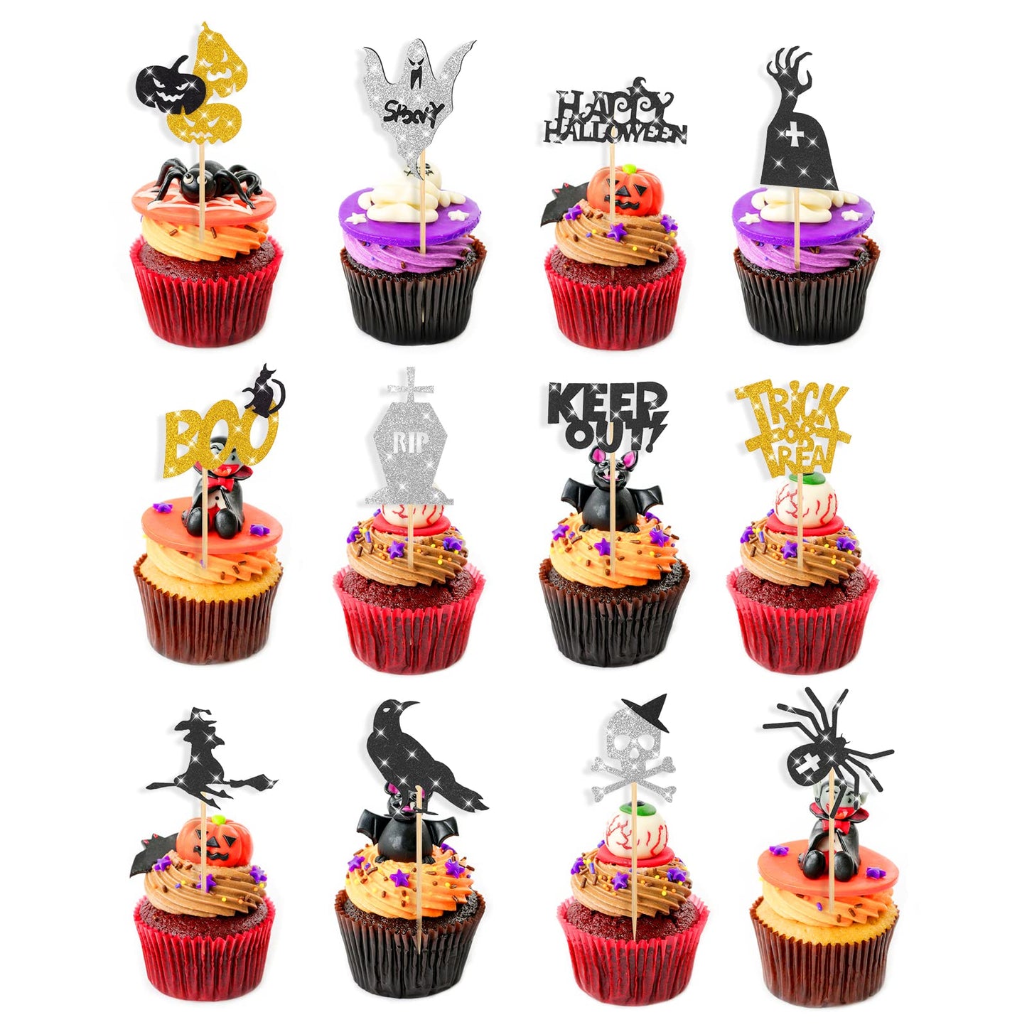 Cobee Halloween Cupcake Toppers, 24 Pieces Halloween Cupcake Decorations Glitter Pumpkin Witch Ghost Cake Cupcake Picks for Halloween Party Decor 12 Style(A)