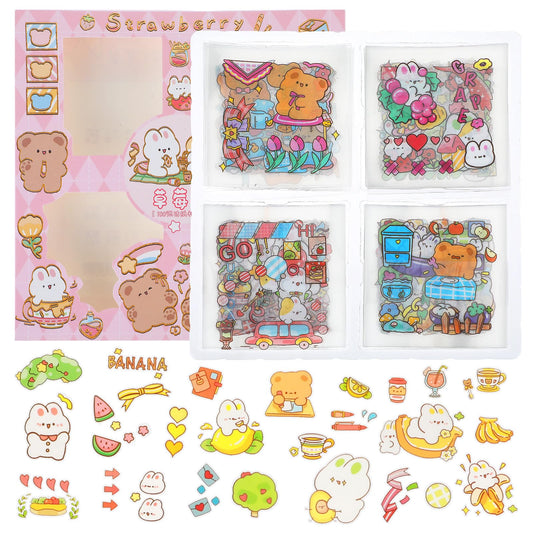 Amabro Cute Cartoon Sticker, 100PCS Kawaii Bear Rabbit Stickers Waterproof Vinyl Sticker Water Bottle Decor Self-Adhesive Decal for Kids Scrapbooking DIY Skateboard Laptop Phone(Pink)