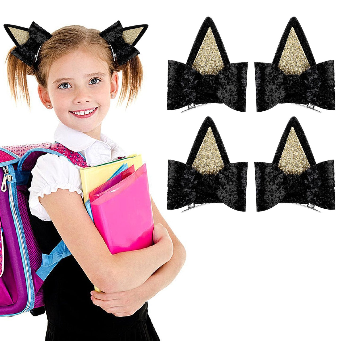 Amaxiu Cute Glitter Bow Hair Clips for Girls, 4 Pcs Kawaii Hair Bow Barrettes Bling Bling Hair Bow Clips Hair Accessories for Birthday Christmas Party Favor(Black)