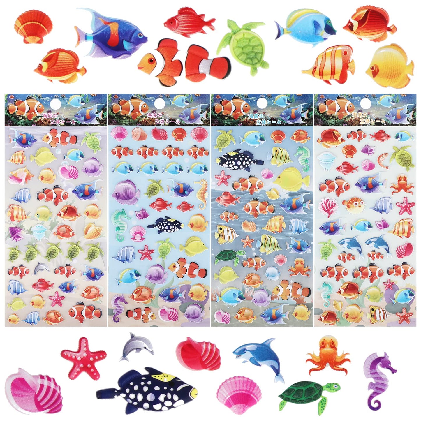 TIESOME Fish Stickers for Kids, 3D Foam Under The Sea Ocean Animal Stickers for Crafts Sea Creatures with Assorted Small Sea Life, Tropical Fish, Sea Turtles Shape Stickers,4 Sheets