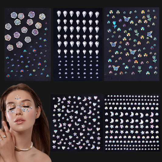 Andibro 5Sheets Self Adhesive Face Gems, Face Rhinestones Stickers Self Adhesive Rhinestone Gem Stickers for Face Nail Body Makeup Festival