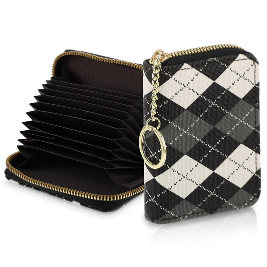 Bewudy Credit Card Holder for Women, Diamond Plaid Pattern RFID Wallet for Cards Holder with Keychain Zipper, Small RFID Card Wallet for Women Girls(Black)