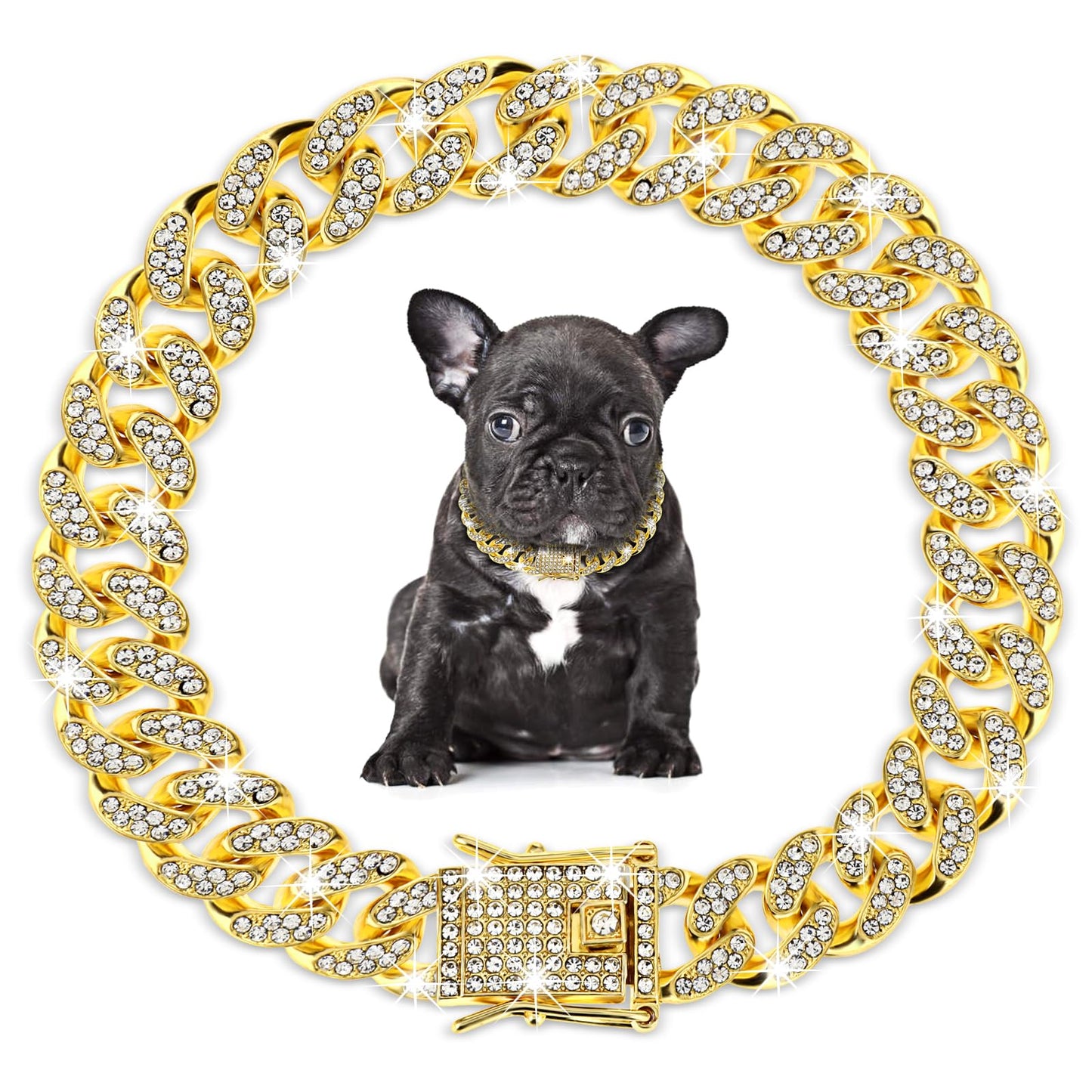 Amabro Rhinestone Dog Chain Collar, Adjustable Cuban Link Dog Collar with Secure Buckle Design Metal Cat Chain Necklace Pet Collar Jewelry Accessories for Small Medium Large Dogs Cats(Gold)