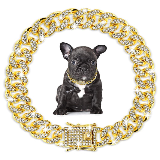 Amabro Rhinestone Dog Chain Collar, Adjustable Cuban Link Dog Collar with Secure Buckle Design Metal Cat Chain Necklace Pet Collar Jewelry Accessories for Small Medium Large Dogs Cats(Gold)