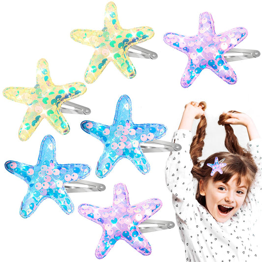 AOZUO 6 PCS Glitter Starfish Hair Clip, Sea Star Hair Barrettes Bling Beach Snap Hair Clips Starfish Hairpins for Women Girls Headwear Styling(Pink, Blue, Yellow)