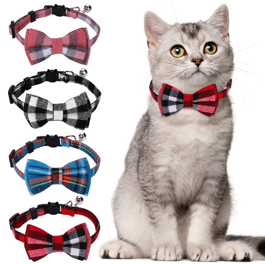 Giantree 4Pcs Cat Collars Bow Tie with Bell, Breakaway Kitten Collar for Cats Cute Plaid Design Adjustable Pet Collars 7-12inch for Kitten Cats and Small Dogs