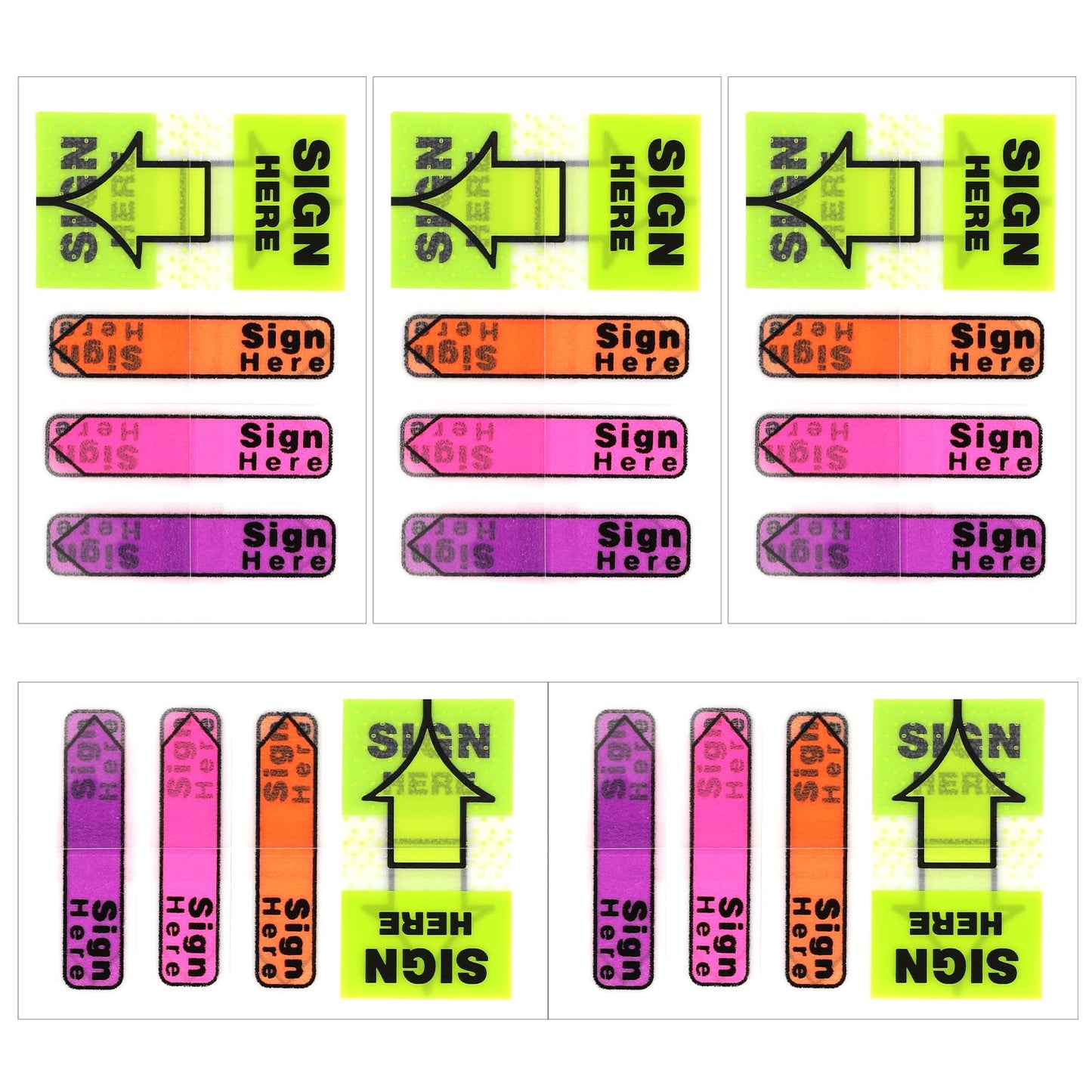 Molain 500Pcs/5 Packs Sign Here Tabs Sticky Flags, Fluorescent Sign Here Arrow Stickers with Dispenser Self-stick Note Signature Index Markers Supplies for Office School(Green+Orange+Pink+Purple)