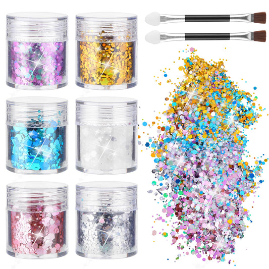 Giantree 6 Colors Festival Glitter Face with 2 Double-sided Cotton Swabs, Body Glitter for Festive Fancy Dress Glitter Face Body Nail Glitter for Music Festival Masquerade Party DIY