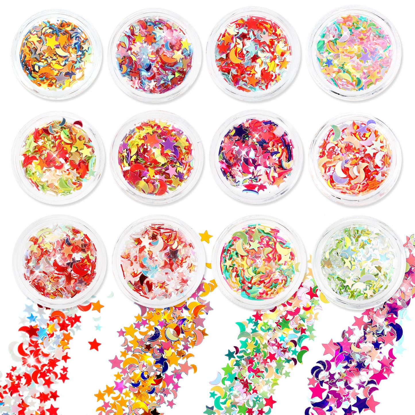 simarro Glitter Sequin, 12 Colors Star Moon Sequin Face Body Nails Glitter Set Accessories for Halloween Makeup Glitter Eyes Lips Body Nail DIY Crafts (Mixcolor-1)