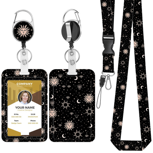 Bewudy Sun Moon ID Badge Holder with Lanyard, Retractable Lanyards for ID Badge Reels and Detachable, Badge Holder with Breakaway Lanyard for Office Nurse Teacher Christmas Gifts