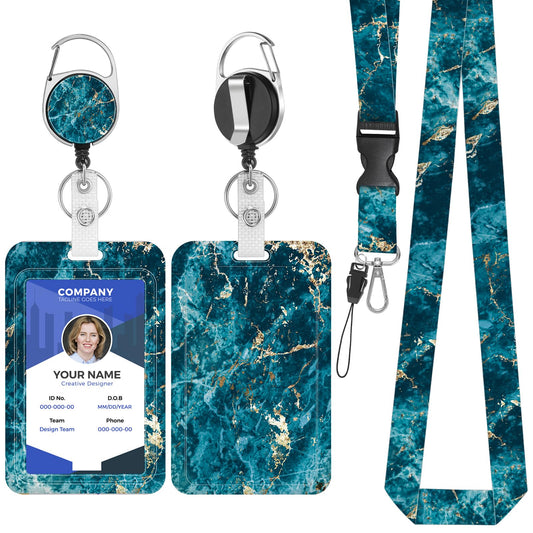 Amaxiu Marble ID Badge Holder with Detachable Lanyard and Retractable Reel, Name Tag Holder Holding 2 Cards Hard Credit Cards Protector Office Supplies (Blue Gold Marble)