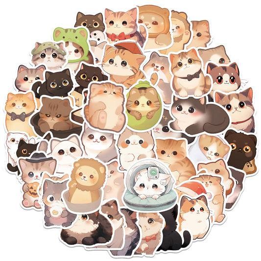 Amaxiu Cute Cartoon Cat Stickers Set, 50 Pcs Funny Kawaii Animal Aesthetic Decals Waterproof Self Adhesive Vinyl Stickers for Scrapbooking Planner Journals