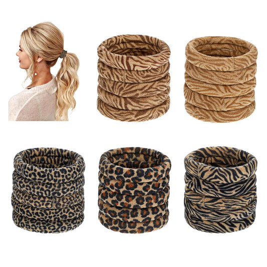 HJZHII Seamless Hair Ties, 25pcs Leopard Print Ponytail Holders Stretchy Soft Cheetah Print Hairbands Elastic Hair Accessories for Women Girls Thick Heavy Curly Hair