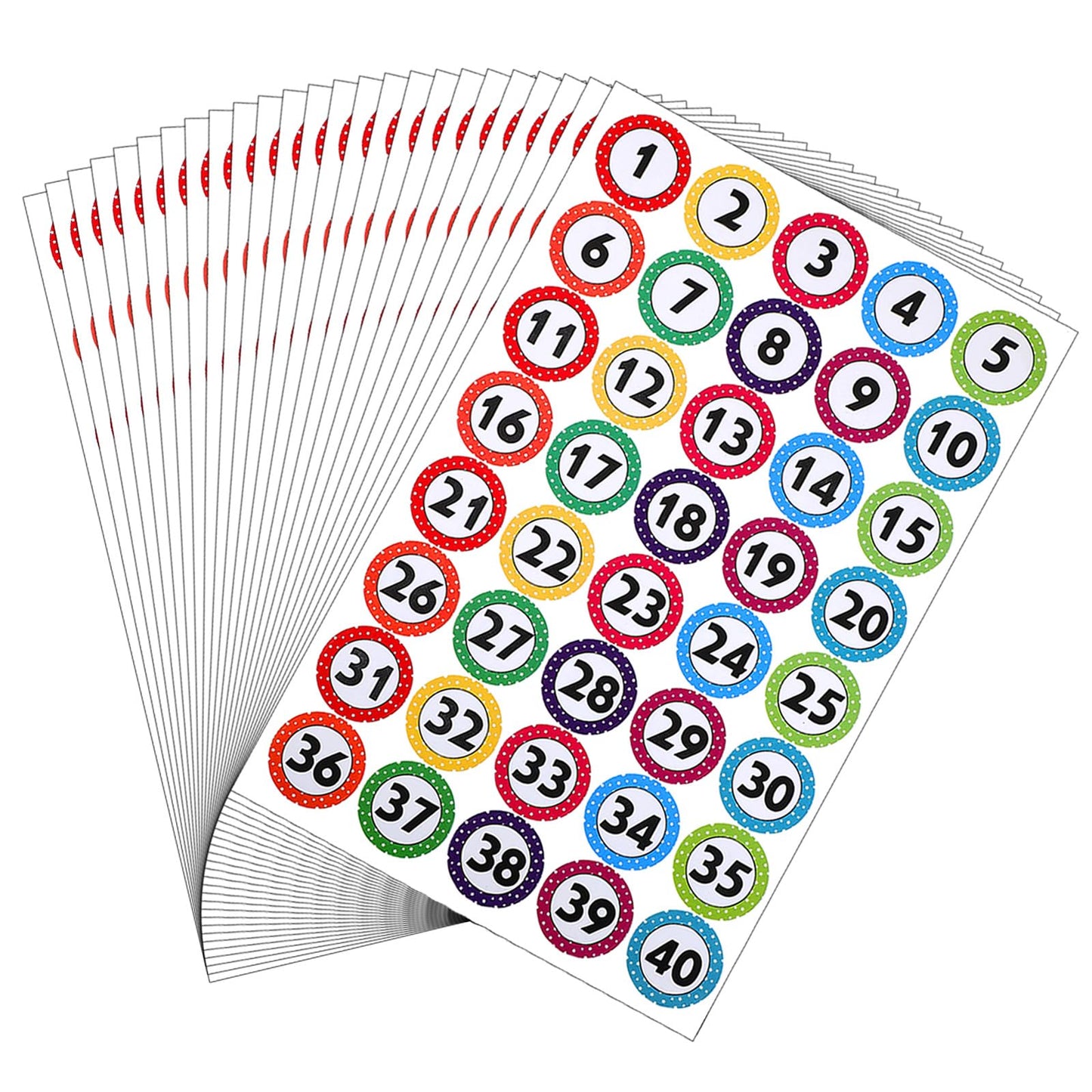 Yuanchu 25 Sheets Number Stickers, 1-40 Continuous Number Labels, Colourful Labels, Self-Adhesive Round Number Stickers for Organisation, Storage Boxes, Office, Classroom