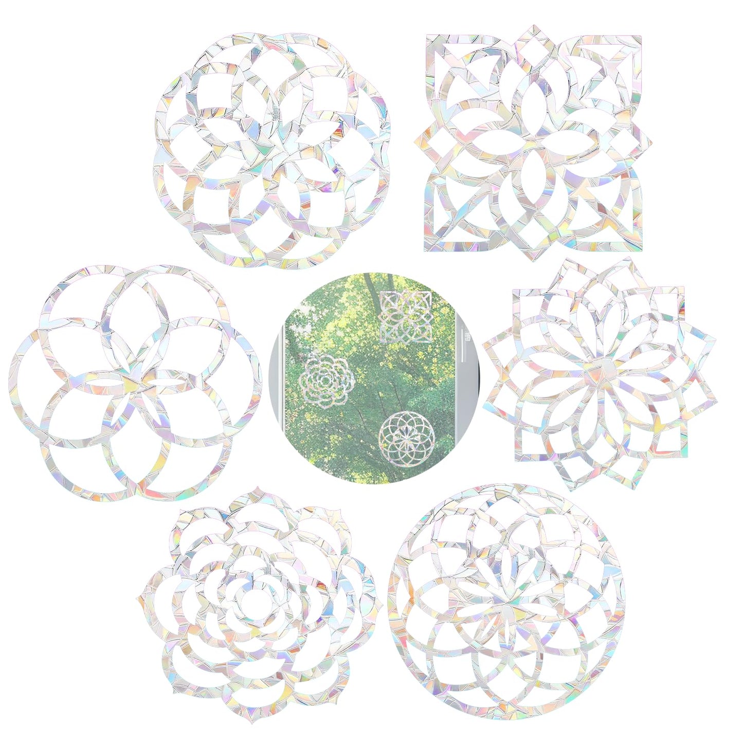 Molain 24PCS Mandala Window Clings, Anti-Collision Window Decals to Save Birds from Window Collisions, Non-Adhesive Prismatic Vinyl Window Clings Rainbow Suncatcher Stickers