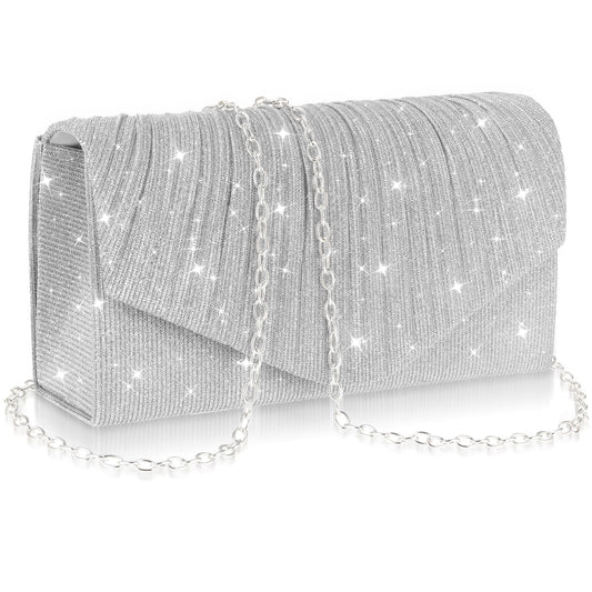 simarro Women's Evening Bag Clutch Purses, Shiny Pleated Striped Underarm Bag with Detachable Chain Ladies Party Handbag Clutch Bag for Prom Party Wedding Engagement(Silver)