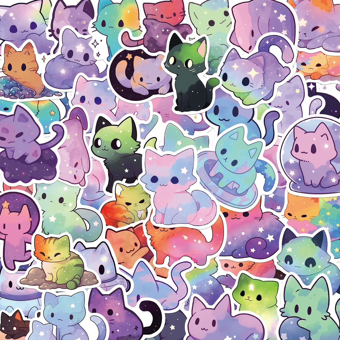 GEEHUA 50 Pcs Rainbow Starry Sky Cat Stickers, Cartoon Animal Cat Sticker Kawaii Aesthetic Decals Waterproof Self Adhesive Vinyl Stickers for Computer Laptop Scrapbooking Planner Journals