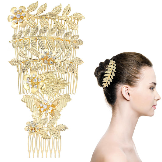 Amaxiu 6 Pcs Metal Leaf Hair Side Combs, Gold Rhinestone Butterfly Hair Comb French Twist Flower Hair Comb Clips with Teeth Fancy Side Combs Wedding Bridal Jewelry Hair Clips for Women Girls