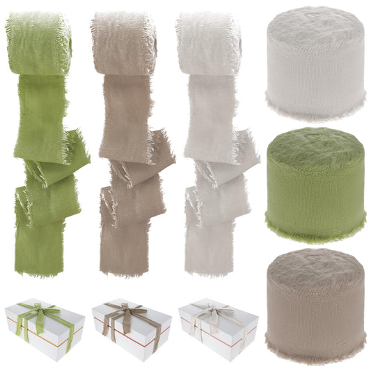 cobee 3 Rolls Cotton Linen Ribbons, 1.5" x 5 Yard Handmade Frayed Edges Fringe Ribbons Set Frayed Edges Ribbons Fabric Cloth Boho Ribbon for Gift Wrapping Wedding(Light Green, White, Dark Green)