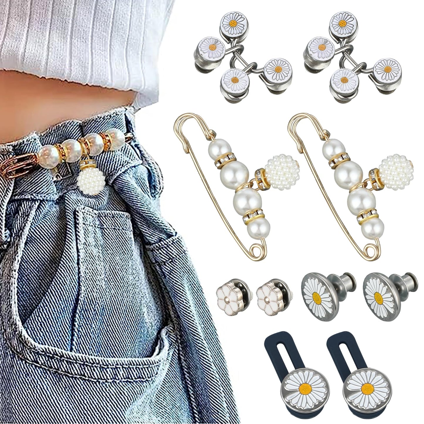 Cobee Pant Waist Tightener, 10 Sets Waist Buckle Clips No Sewing Jean Button Pins Tighten Buttons for Jeans Pants Waist 5 Styles(Daisy)