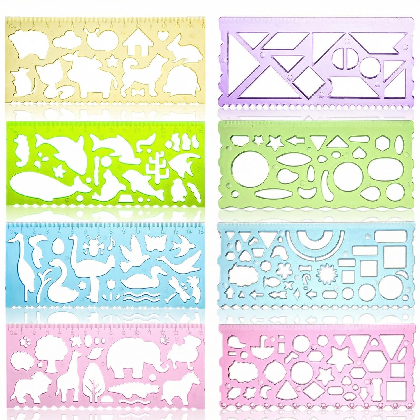 WJIAAA Set of 8 Children's Painting Stencils, 4 Animals and Plants Stencils 4 Geometric Stencils Painting with 15 cm Ruler