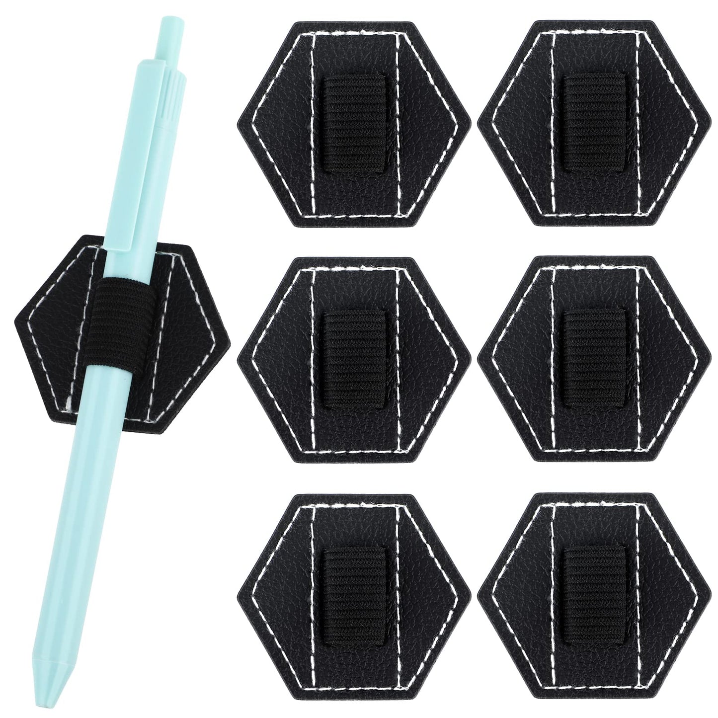 TIESOME Self Adhesive Pen Holders, 6pcs Hexagonal Elastic PU Pen Holder for Notebook Journal Calendar Laptop Office Accessory