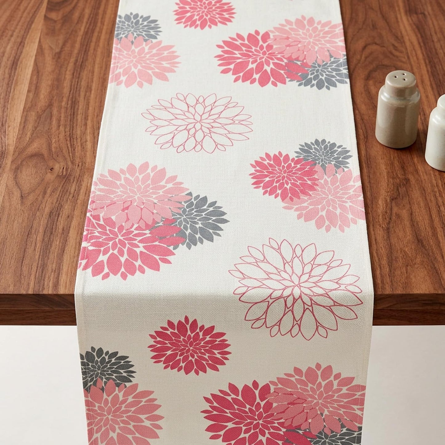 Amabro Table Runner Spring Summer Linen 40 x 140 cm with Dahlia Flowers in Pink and Beige Geometric Boho Style Modern Table Decoration for Living Room, Dining Room, Kitchen, Patio and Party