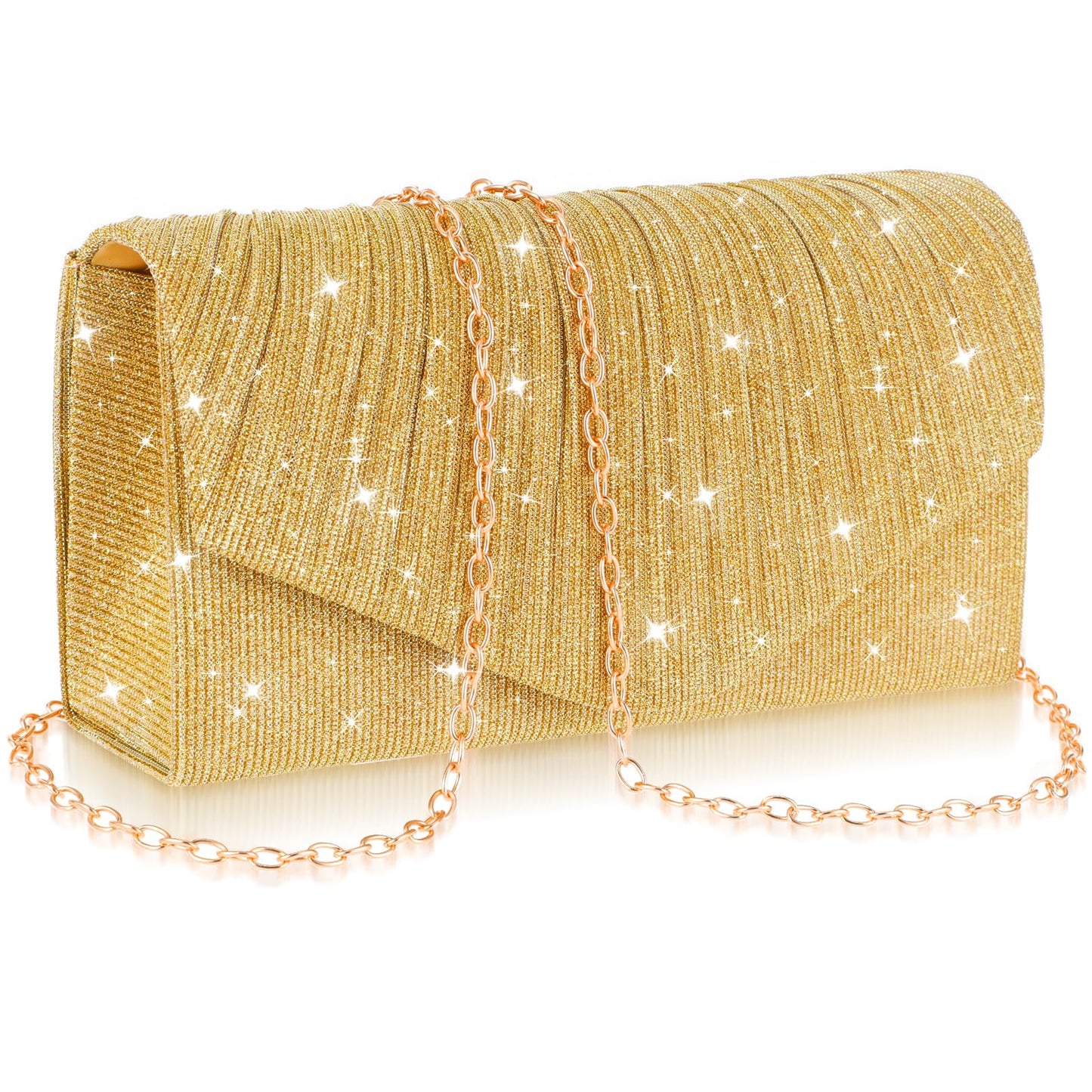 simarro Women's Evening Bag Clutch Purses, Shiny Pleated Striped Underarm Bag with Detachable Chain Ladies Party Handbag Clutch Bag for Prom Party Wedding Engagement(Gold)