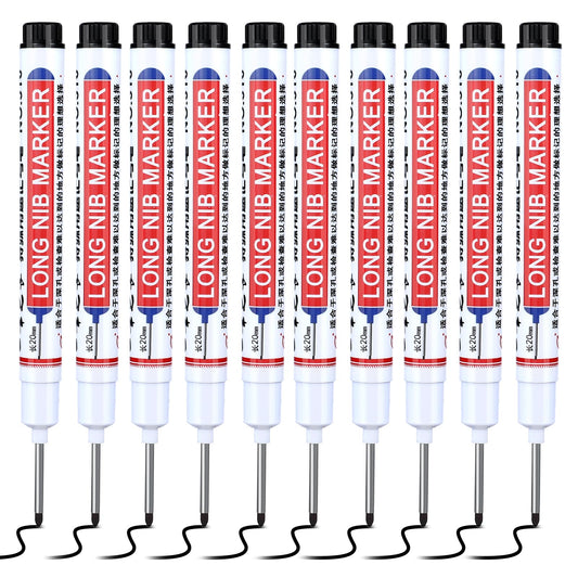 AOZUO 10Pcs Deep Hole Marker Pens, 20mm Long Head Drill Deep Nib Markers Multi-Purpose Black Waterproof Carpenter Pens for Construction Bathroom Woodworking