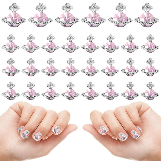 Bewudy 20 Pcs Planet Nail Charms, Nail Rhinestones 3D Shiny Planet Shape Nail Art Alloy Diamond Crystal Luxury Nail Ornament Gems for Girls Nail Art DIY Crafts Decoration Supplies(Pink)