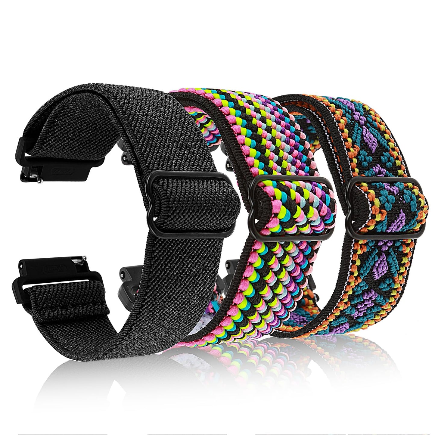 Amaxiu Stretch Nylon Watchband, Adjustable Sport Watch Strap Braided Watch Band for Men Women Compatible with Smartwatch(20mm, Black+Purple Floral+Rainbow Stripes)