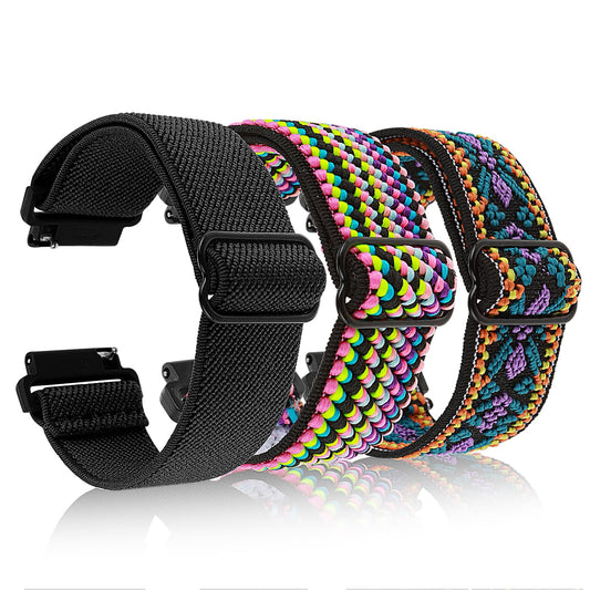 Amaxiu Stretch Nylon Watchband, Adjustable Sport Watch Strap Braided Watch Band for Men Women Compatible with Smartwatch(20mm, Black+Purple Floral+Rainbow Stripes)