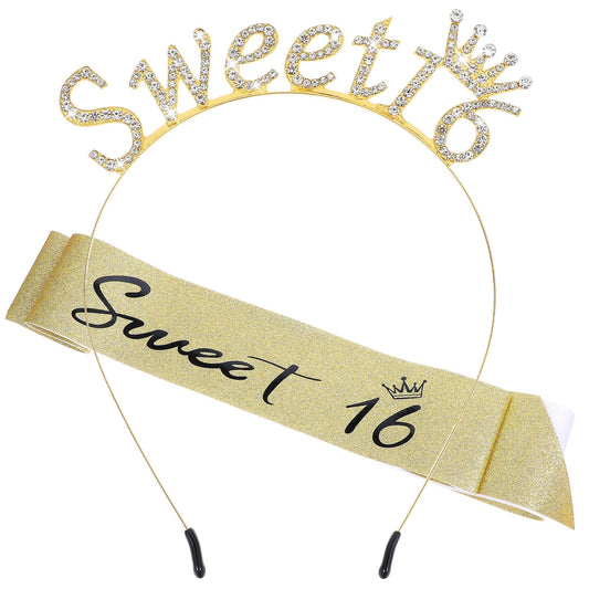 JIYIN Sweet 16 Birthday Sash Headband, Princess Tiara Crown 16th Birthday Decorations for Girls, 16 Birthday Headband Sweet Gifts(Gold)