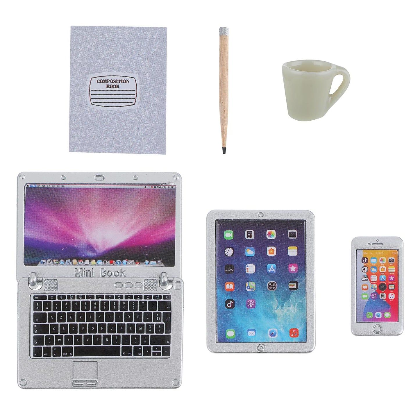 TIESOME 6 Pcs Dollhouse Miniatures Laptop Set, 1:12 Mini Laptop Computer Doll House Decor Small Dollhouse Furniture Model Simulation Tablet for Christmas Home Gifts (Silver)