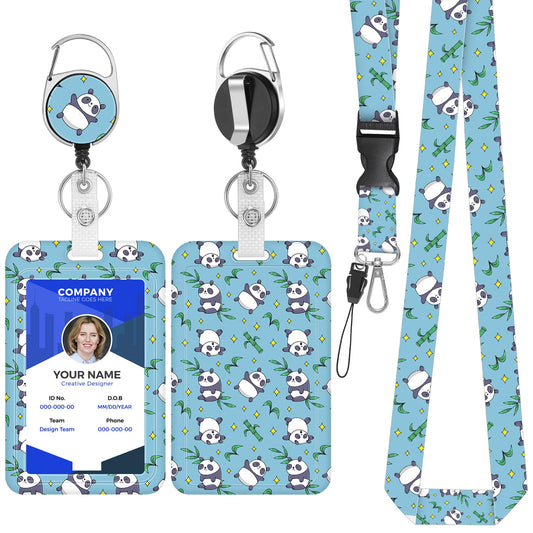 Amabro Cute Panda Lanyard with ID Badge Holder, Retractable Badge Reels Adjustable Neck Lanyard Breakaway Clip Keychain Name Card Tag Protector for Women Kids Teachers Nurses Doctors Student Staff