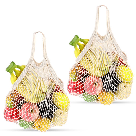 Jeffdad 2Pack Cotton Mesh Grocery Bags, Reusable Washable Grocery Mesh Bags Organizer Cotton String Shopping Bags for Fruit Vegetable Shopping Storage (Short Handle Bag)