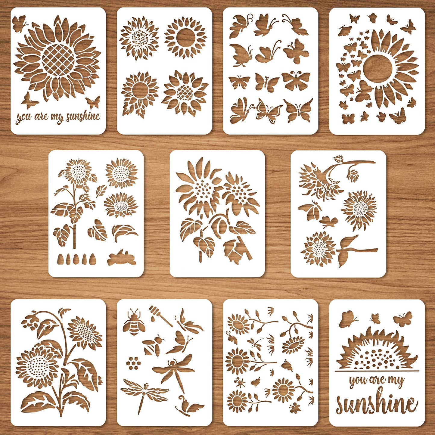 Cobee Large Sunflower Stencils, 11 Pcs A4 Size Reusable Flower Painting Stencils Sun Flower You are My Sunshine Butterfly Template DIY Stencil for Wood Furniture Wall Canvas 11x8.3 in