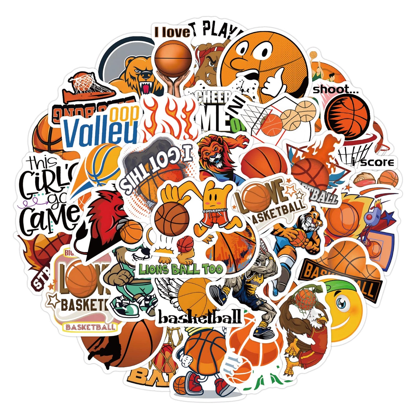 cobee Basketball Stickers, 50 Pieces Basketball Funny Vinyl Stickers Waterproof Vinyl Basketball Decals Cartoon Basketball Sticker for Water Bottle Laptop Luggage Car Adults Teens Basketball Fan