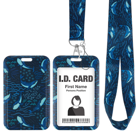 cobee Badge Holder Lanyard Set, Whale Pattern Badge Card Neck Lanyard with Vertical ID Card Protector Aesthetic Car Key Card Holder Wallet Lanyard Whale Keychain for Women Men Teacher Nurse(Style-B)