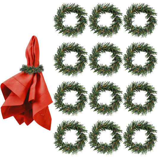 Amaxiu Christmas Napkin Rings, Set of 12 Pine Needles Napkin Holder with Red Berry Xmas Rattan Serviette Wreath Holiday Dinning Table Decorations for Christmas Party Supplies (B)