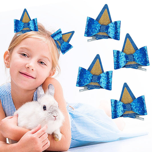 Amaxiu Cute Glitter Bow Hair Clips for Girls, 4 Pcs Kawaii Hair Bow Barrettes Bling Bling Hair Bow Clips Hair Accessories for Birthday Christmas Party Favor(Blue)