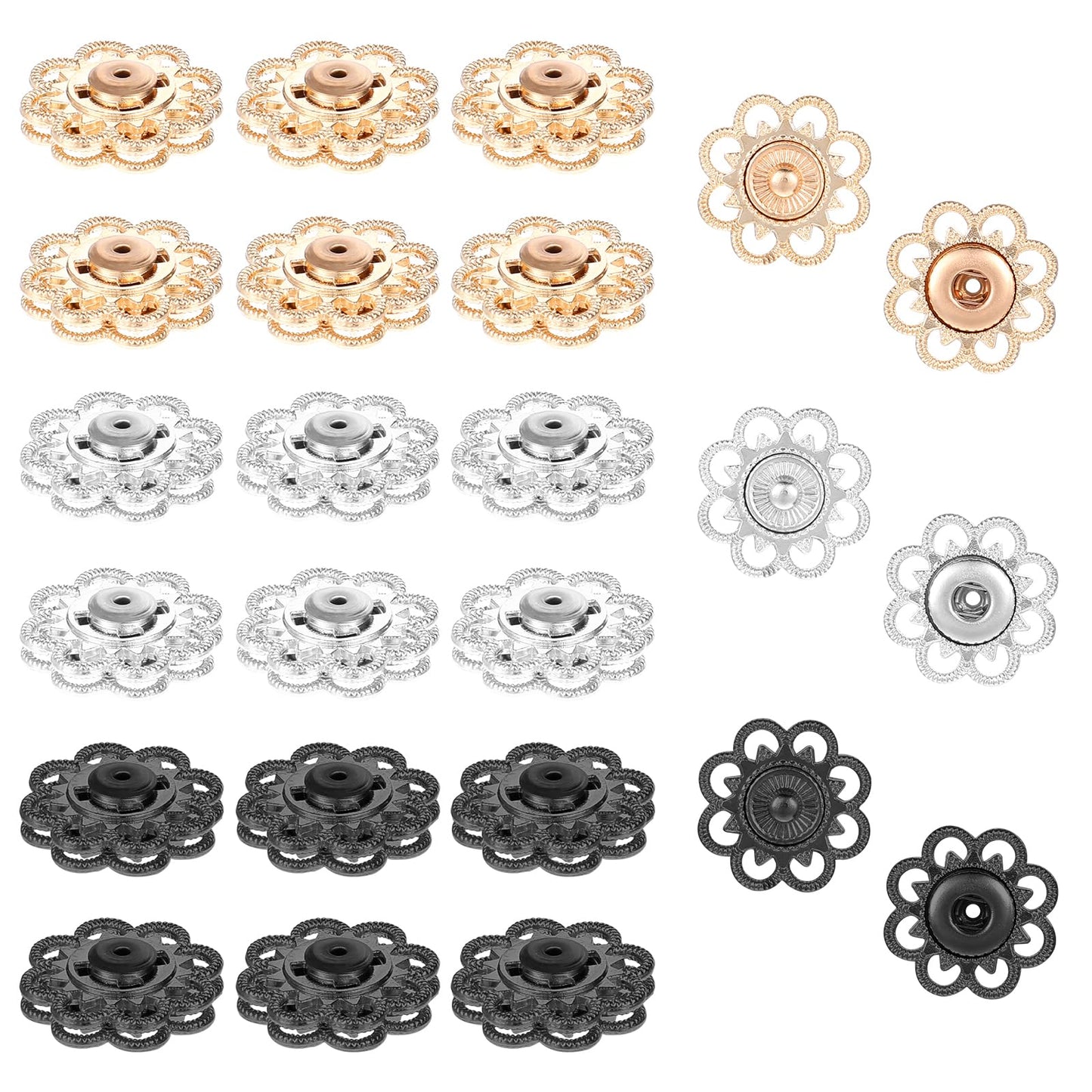 Yuanchu 24 pairs of press studs, metal buttons, 21 mm, large press studs for sewing, 3 colours, alloy buttons, flat flower buttons, press stud closures for bags, clothes, sewing accessories,
