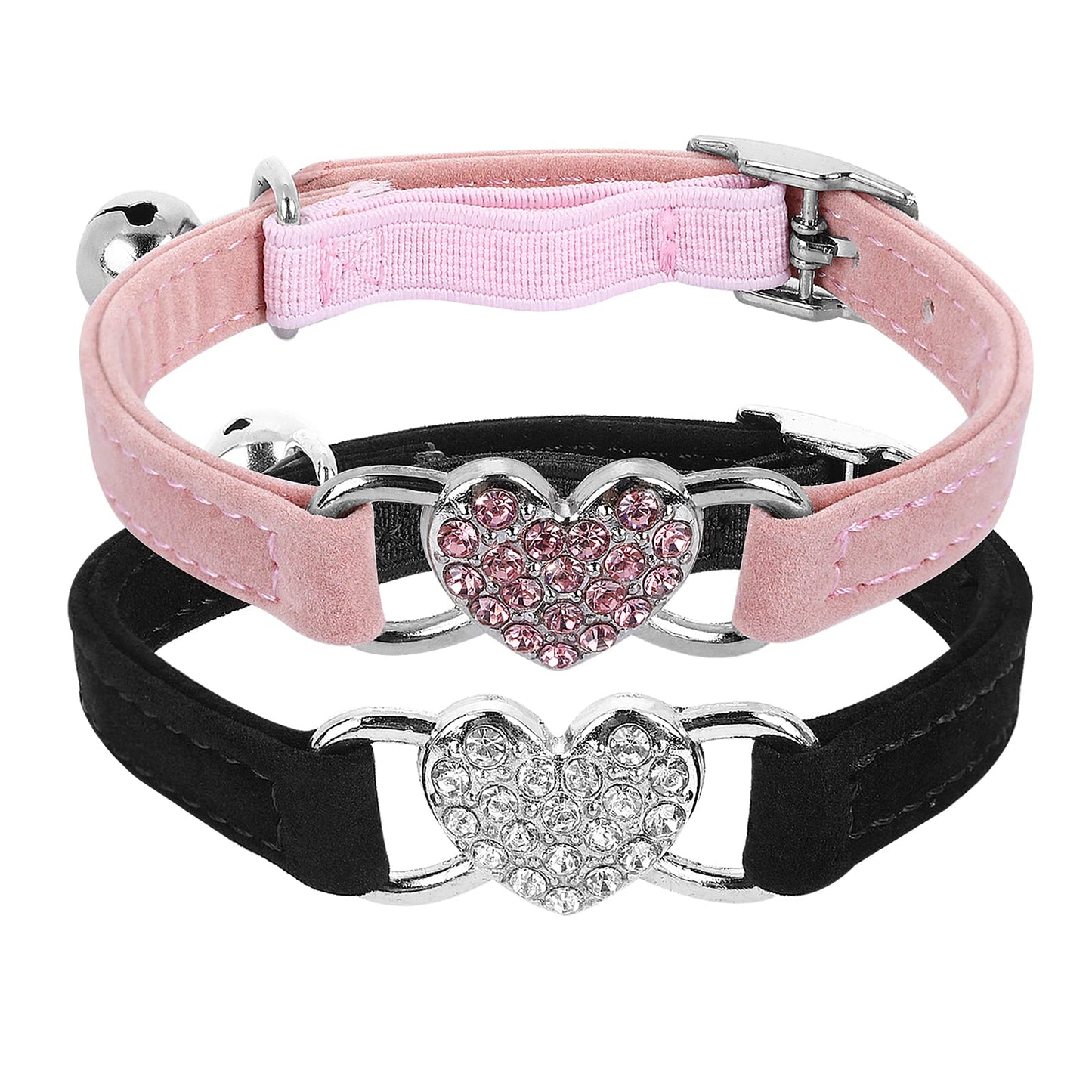 cobee Bling Heart Cat Collar with Bell, Adjustable Kitten Collars with Safety Belt Rhinestone Pet Collar for Small Cat Dog(Black+Pink)